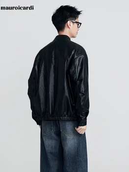 Mauroicardi Spring Autumn Brown Short Black Pu Leather Jacket Men Buttons Zipper Loose Casual Korean Fashion Menswear Clothes 4 Mauroicardi Spring Autumn Brown Short Black Pu Leather Jacket Men Buttons Zipper Loose Casual Korean Fashion Menswear Clothes 4