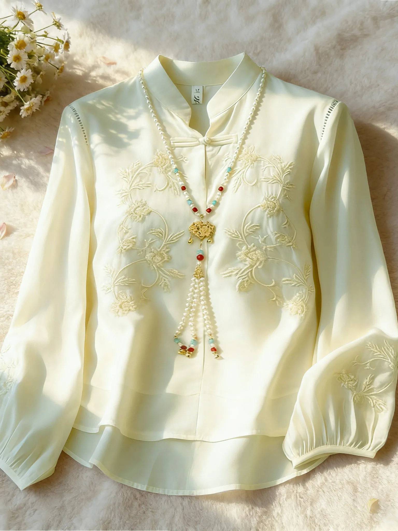 

Elegant Chinese Style Embroidered Shirt Stand Collar Button up Inner Wear Top Women's Fashion Retro Loose Fit Long Sleeve