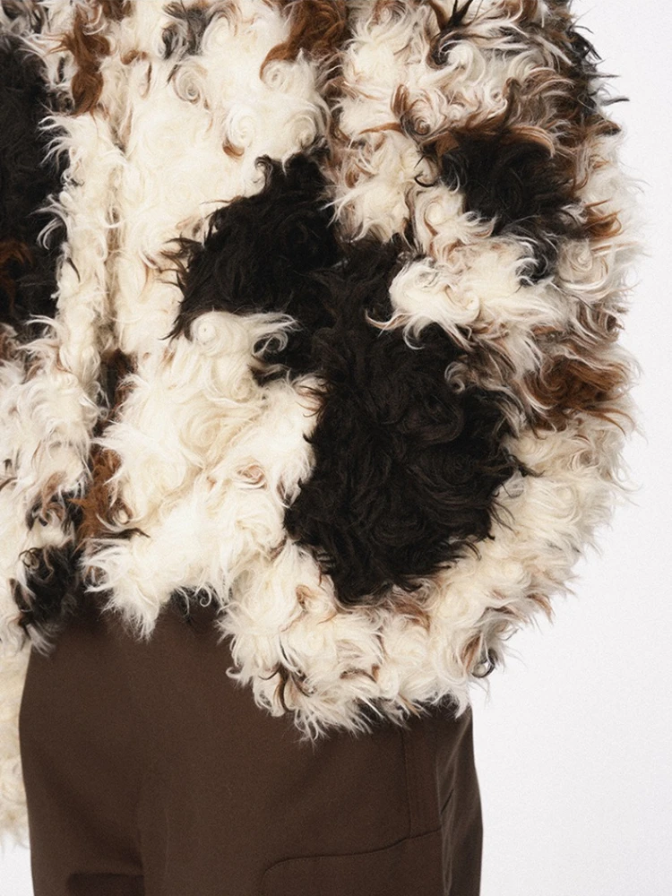 Patchwork revers beige nepbont jas Slanke nepwollen harige jas Pluizig Stijlvolle luxe elegante pluche jas Warme dikke bovenkleding