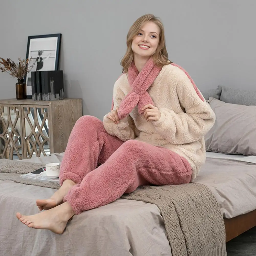 2025 Velvet 3 Pieces Set Fluffy Pajamas Top + Pants + Scarf Set Winter Fleece Pullover 3 Piece Loungewear Plush Warm Sleepwear
