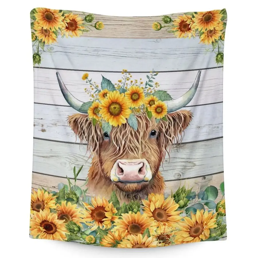 Cow Blanket for Adults, 80x60 Inches Aesthetic Yellow Sunflower Throw Blanket Decor for Bed Couch Sofa