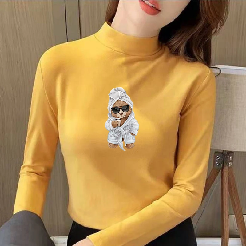Winter Women's Thermal Brushed Fleece Half Mock Neck Long Sleeve T Shirt Bathrobe Bear Coffee Graphic Warm Tee