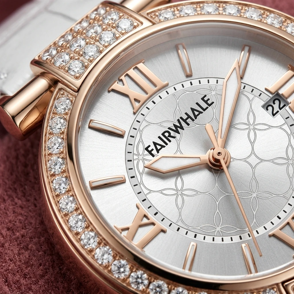Mark Fairwhale Ladies Quartz Watch Round Roman Numeral Dial Date Window Full Rhinestone Bezel Leather Strap Female Wristwatch