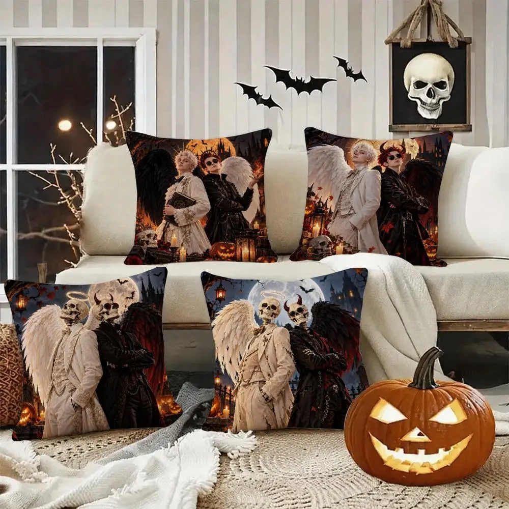 Dark Angel Halloween Gift Cushion Cover Halloween Rustic Throw Pillow Covers, Cute Ghost Pumpkin Maple Leaf Cushion Covers