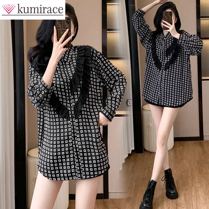 

Casual Shirt Women's Long Sleeved Autumn New Style Loose and Fashionable Printed Fungus Splicing Mid Length Top Y2k Tops Clothes