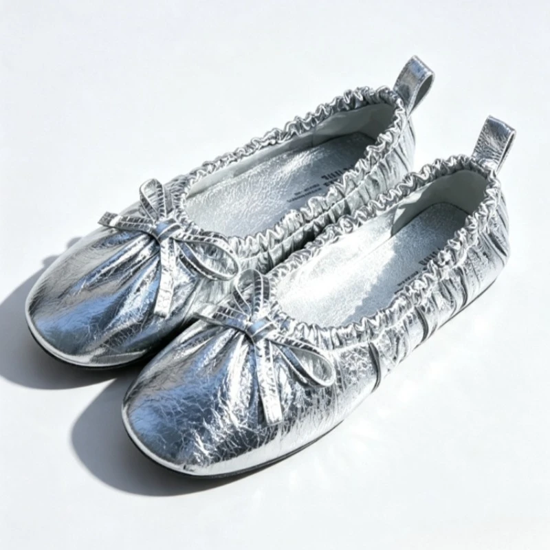 Unique Metalized Pattern Pleated Design Ballet Flats Women Sweet Bow Detail Round-Toe Mary Jane Shoes Elegant Designer Shoess