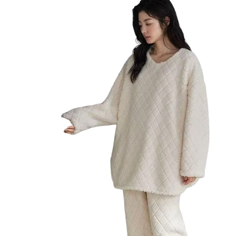 

Women's Clothing New Model Winter and Autumn Pajamas Coral Fleece Fleece-Lined Thicken Minimalist Hood Homewear Set Fashion