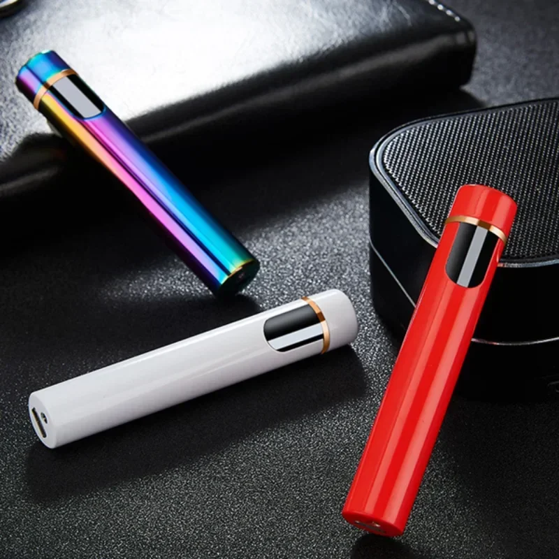 Mini Cylindrical Strip Double Arc Lighter, USB Rechargeable, Tungsten Lighters, Windproof, Flameless, Smart Fingerprint Ignition