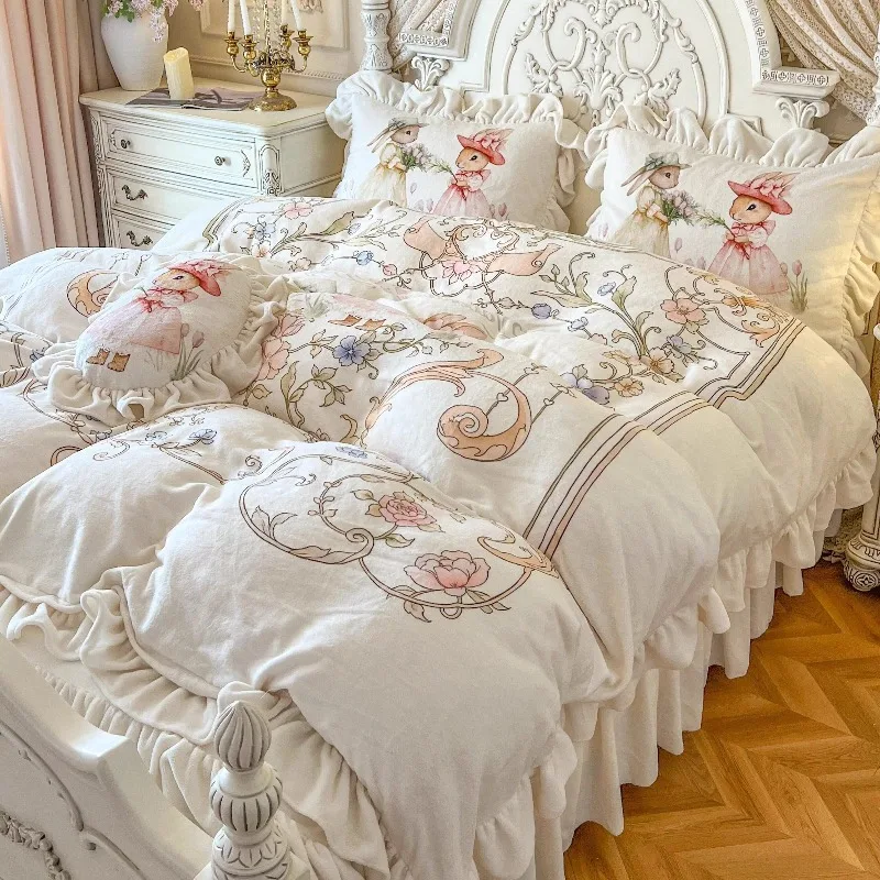 Milk fleece four-piece winter thickened fleece quilt cover bed skirt princess wind bedding