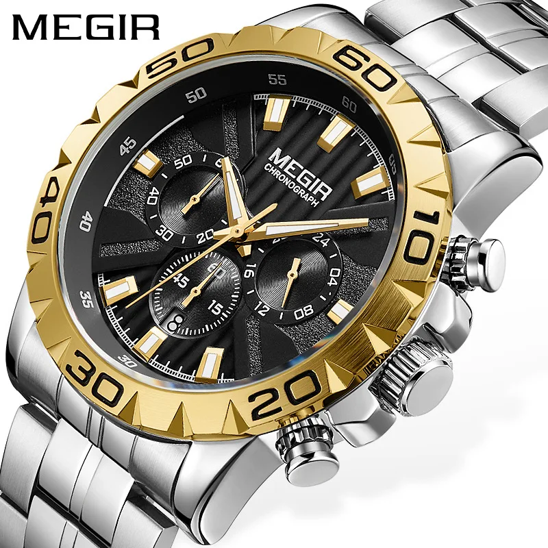 Fashion Megir 2087 Top Brand Men's Quartz Watches Luminous Chronograph Silvery Gold Full Stainless Steel Business For Male Clock