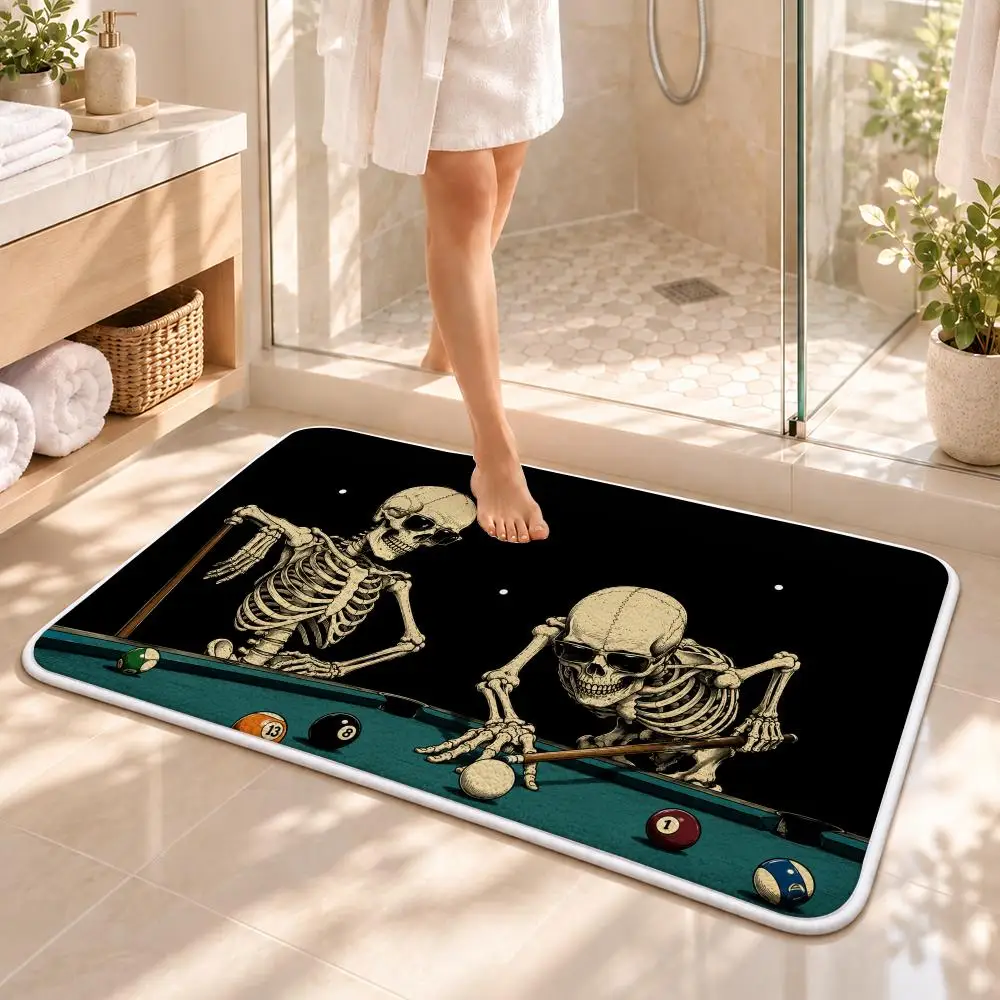 Skeleton Playing Billiards Floor Mat Flannel Rug Soft Non Slip Washable Door Mat for Bathroom Bedroom Kitchen Home Decor
