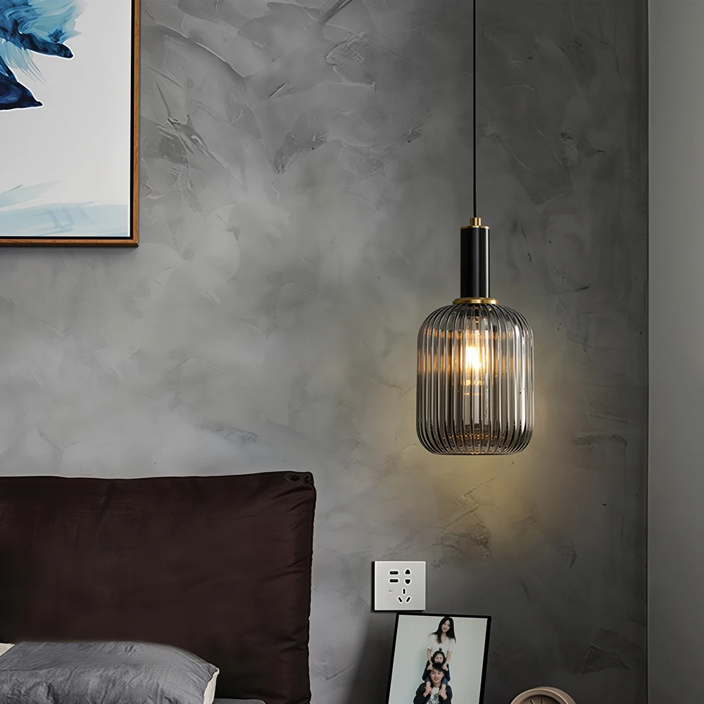 Modern Ribbed Glass Brass Pendant Light, Black Gold Metal Small Hanging Lamp, Indoor Bedroom Kitchen Island Ceiling Light