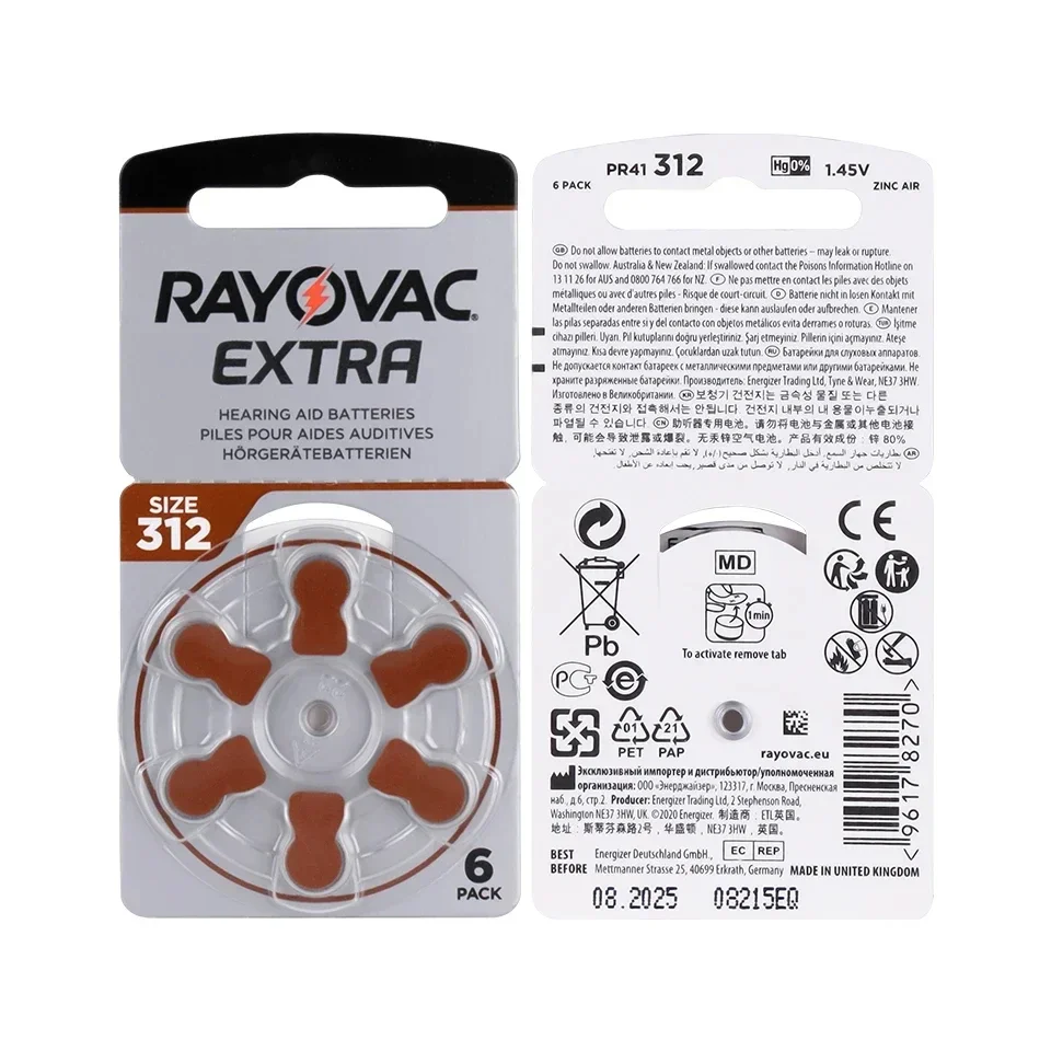 Rayovac-リスニングエイド用電池,年間有効,1.45V, 312, 312a,a312,pr41,6個