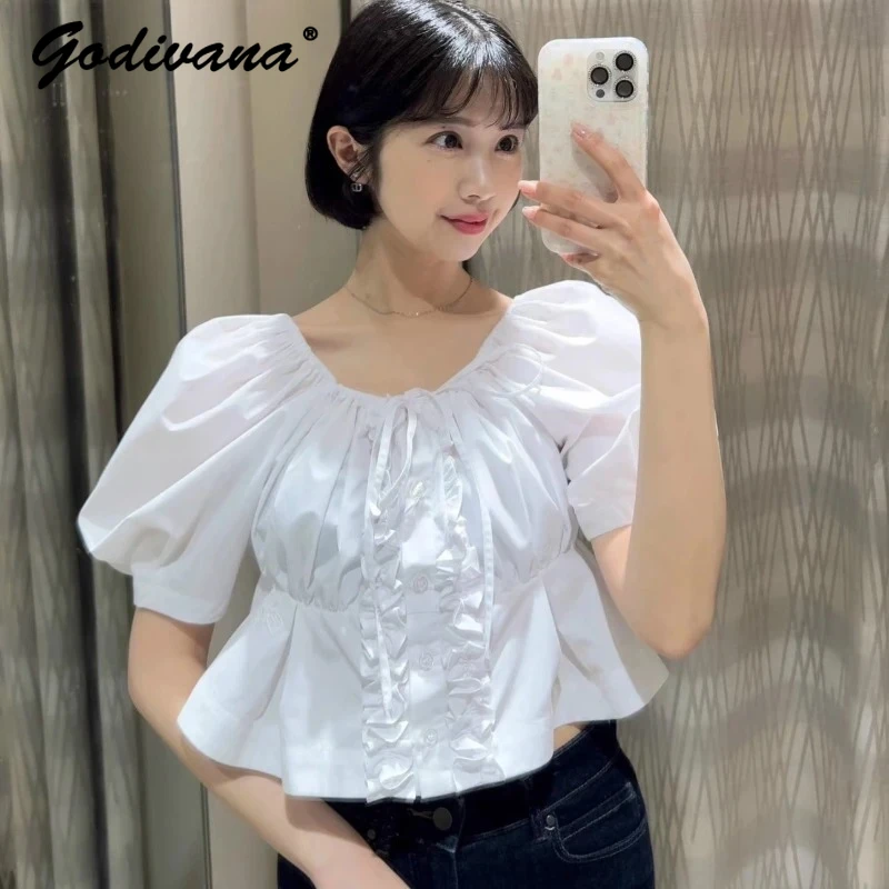 

Japanese Style 2025 Summer New Women's Ruffle Edge Bubble Sleeve White Blouse Shirt Female Loose Casual Short Tops