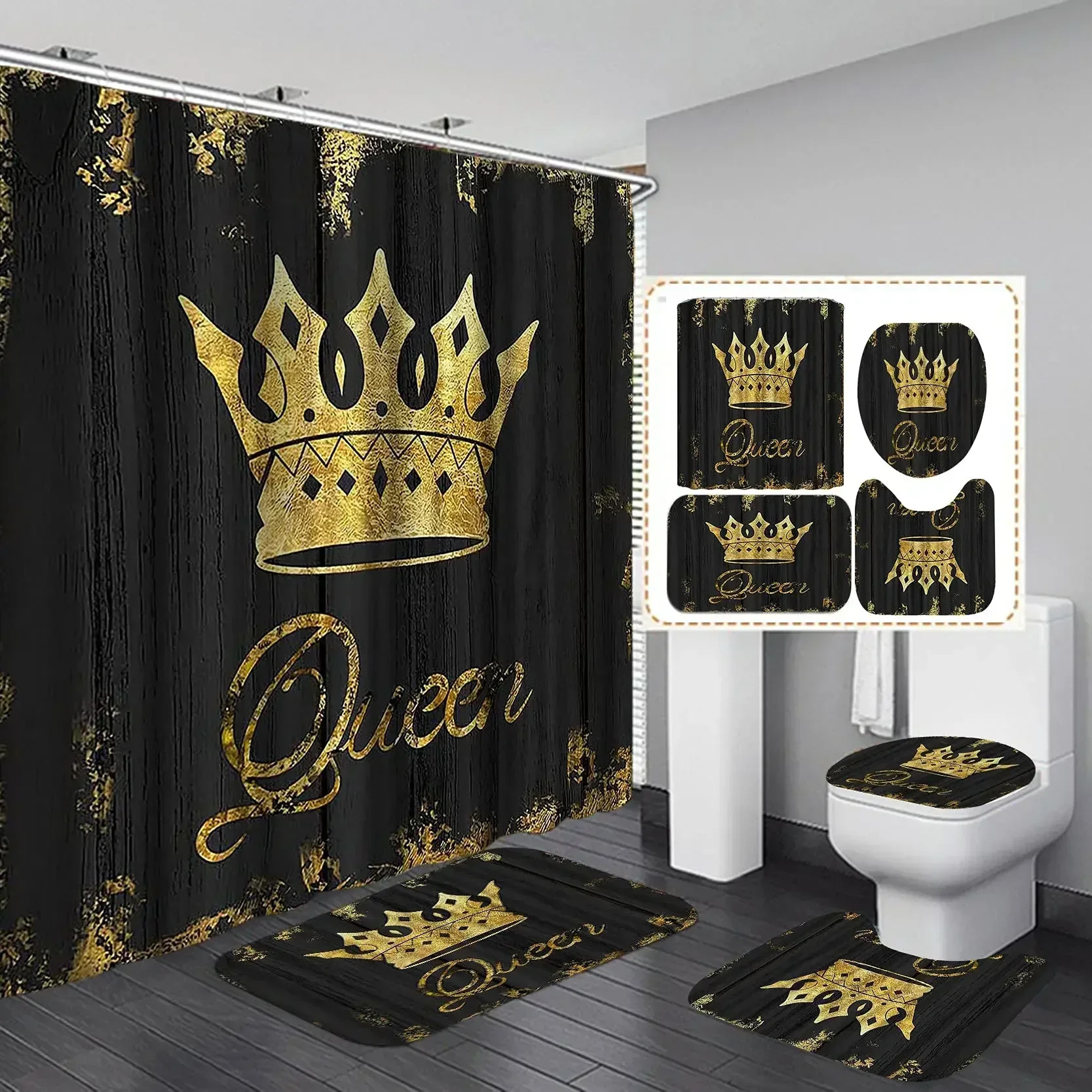 Luxury Gold Crown Queen Shower Curtain Set Noble Royal Vintage Baroque Style Rustic Wooden Board Waterproof Bathroom  Decor