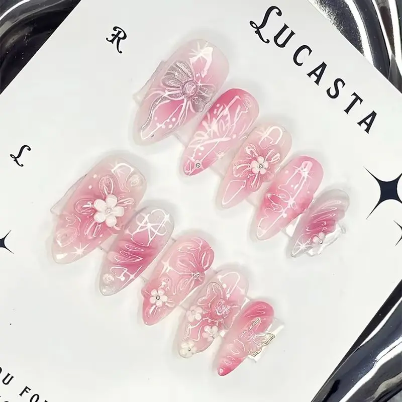 

24PCS Aurora Pink Blush Almond Press on Nail 3D Butterfly Flowers Sweet French Fake Nails for Girls Acrylic Detachable Nail Tips