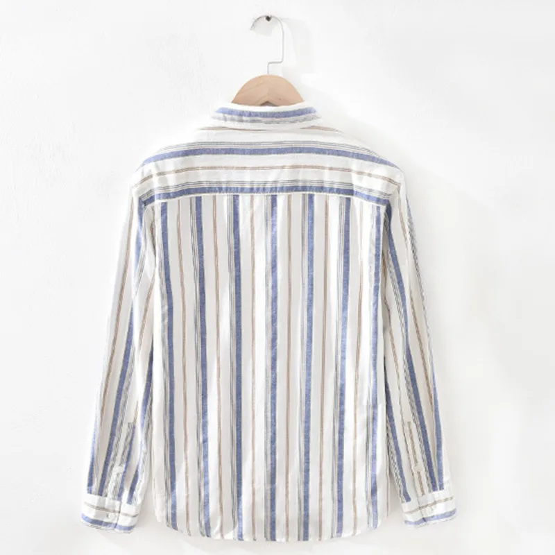 Fashion Japan Style Men Linen Cotton Shirts Casual Stripe Long Sleeve Tops Single Breasted Male Loose Vintage Versatile Shirt