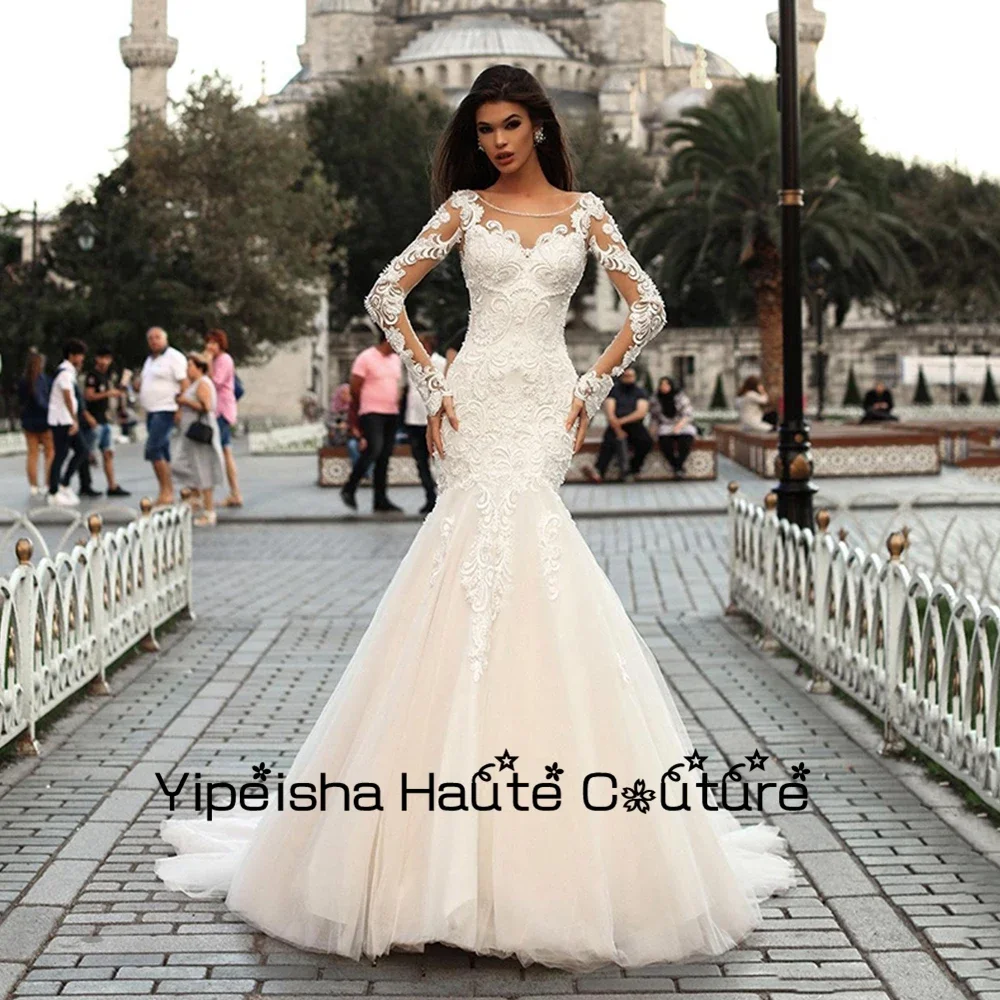 

Yipeisha Strapless Full Sleeve Ivory Wedding Dresses for Bride Lace Bridal Gowns with Organza 2022 Robe De Mariée