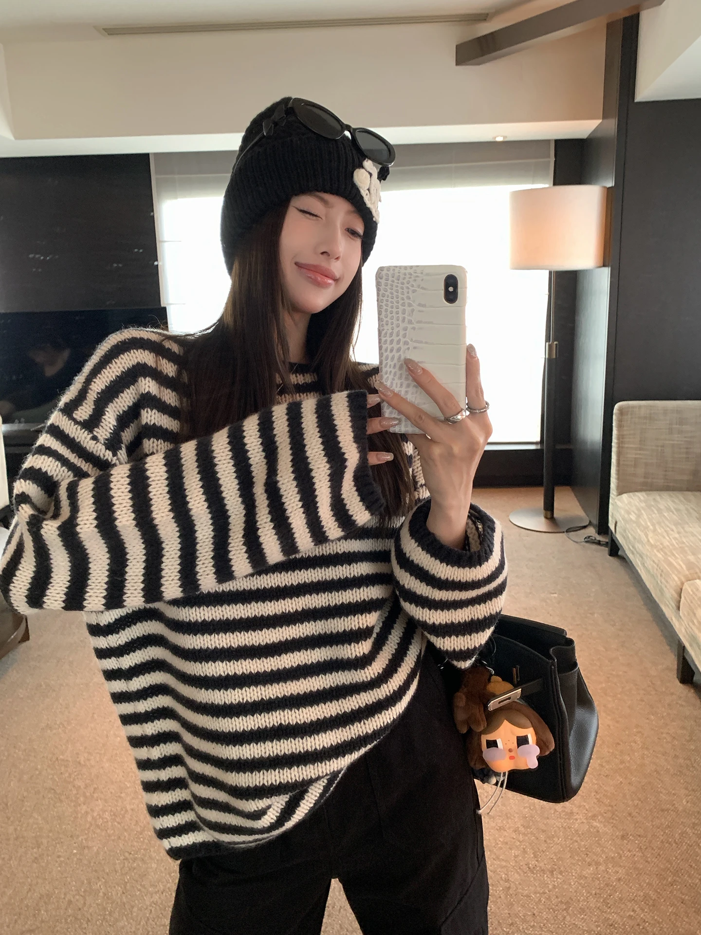 

EKOOL 00% Wool Stripe Knit Sweater Women's Winter Korean Sle Loose Versatile Slimming round Ne Warm Thermal Top