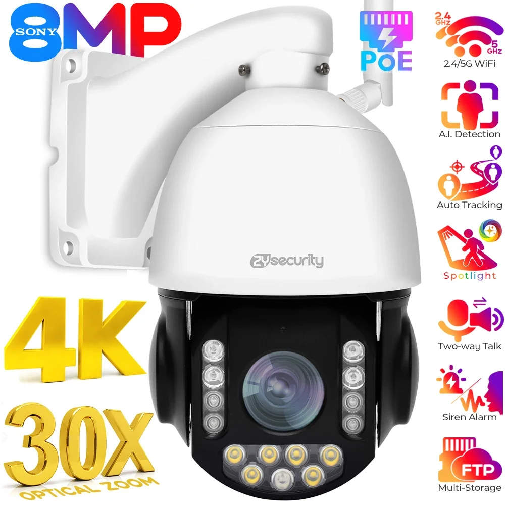 8MP 4K 30X Optical Zoom Security Camera Outdoor WiFi PTZ IP Cameras IR&Color Night Human/Vehicle Detection Auto Tracking &Cruise