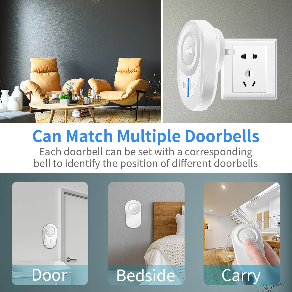 ONMYST Smart Home Wireless Doorbell IP44 Waterproof Doorbell Chime Kit 48 Chords LED Flash Security Alarm Door Bell