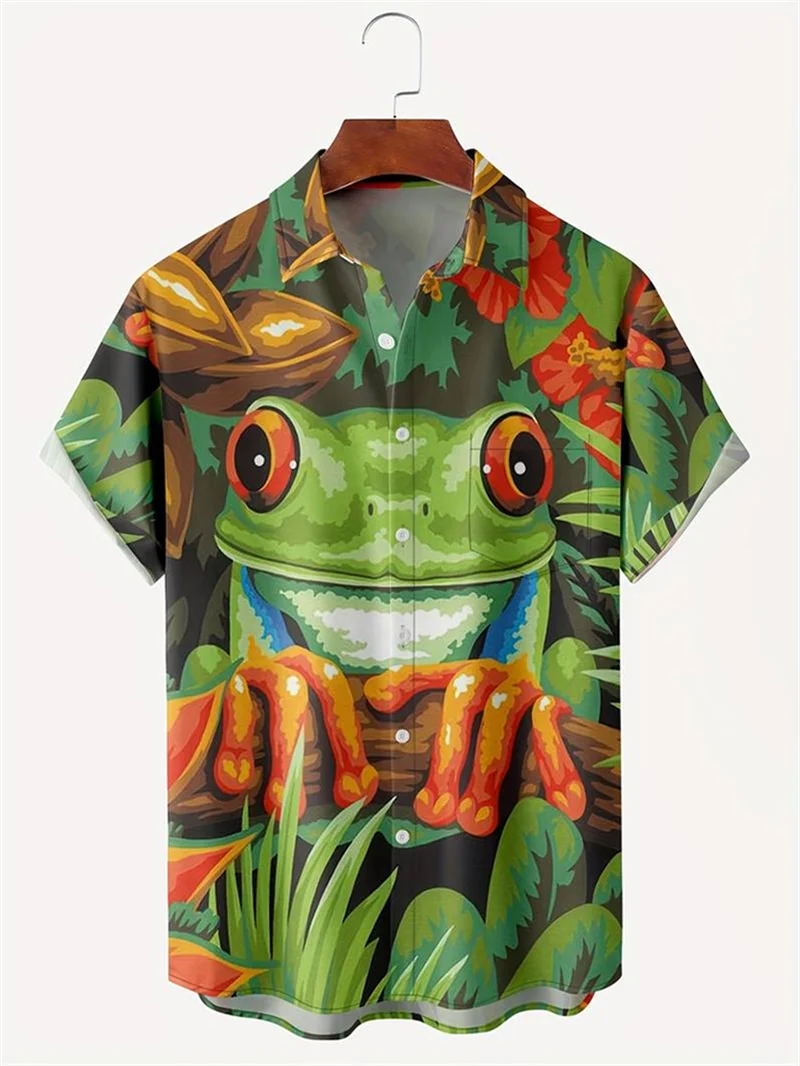 

Big Frog Green Simple Cartoon Short Sleeve Retro Shirt Art Large Pattern Fashion 2024 Hawaiian Shirt Men's Button Shirt