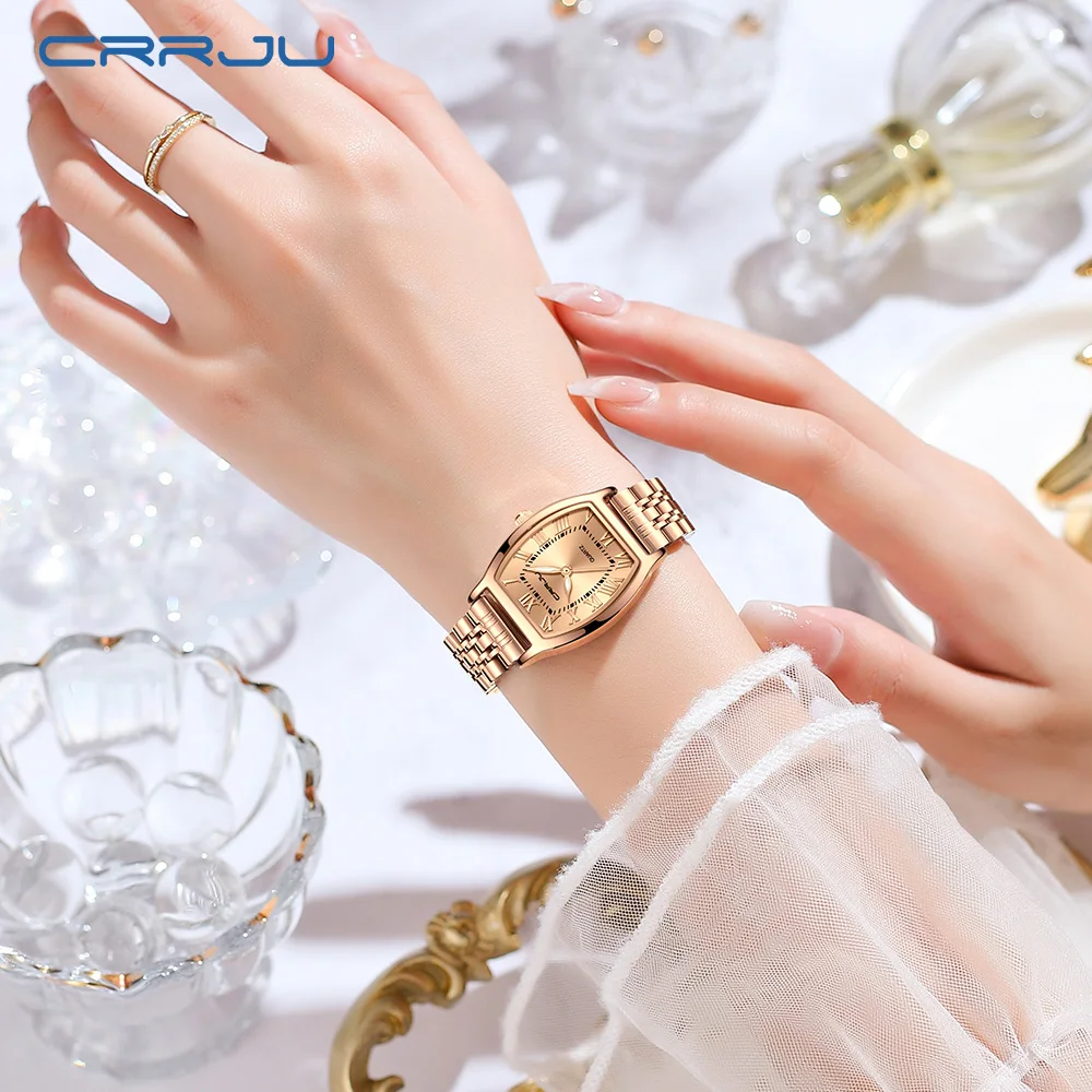 CRRJU Waterproof Women\'s Square Quartz Dress Watch Ladies Steel Bracelet Wristwatch Relogio Feminin