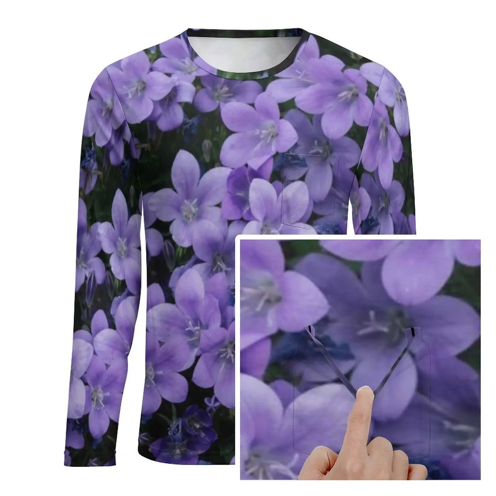 Beautiful Lavender Floral Print T Shirt Adorable Flowers Harajuku T Shirts Pocket Long Sleeve Tshirt Autumn Oversized Clothes