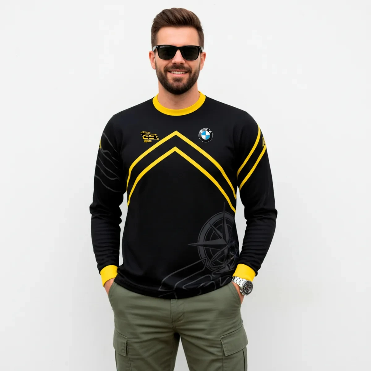 

2025 New BMW Motorrad Black Background Yellow Geometric Lines Power Speed Technology Feeling Long Sleeved T-Shirt