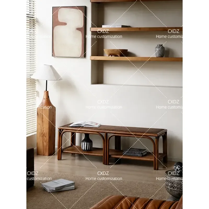 Rattan Art Retro Bench Medium Antique Dining Table Stool Entrance Shoe Change Stool Living Room Rattan Storage Long Stool