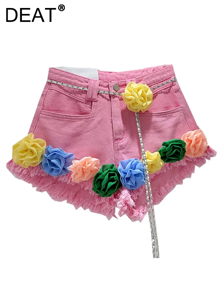 

DEAT Women's Denim Shorts Colorful Flowers Twist Belt High Waist Burrs Wide Leg Short Pants 2024 Summer New Fashion 29L7245