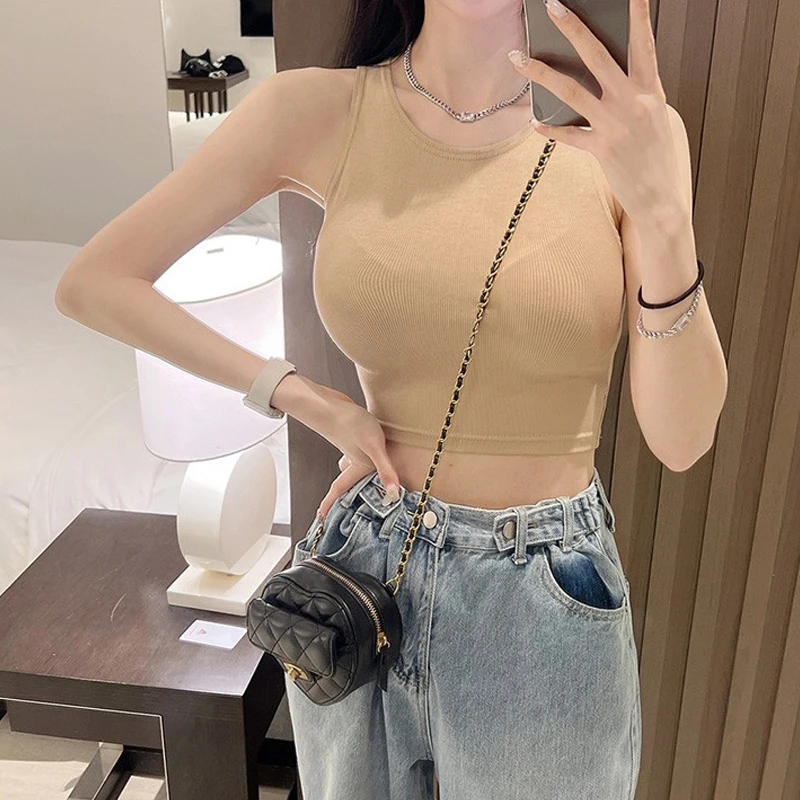 Gray round Neck Sleeveless Tank Top Women's Inner Wear Summer Outerwear Pure Desire Spicy Girl Strap Vest Cover Side Breast T...