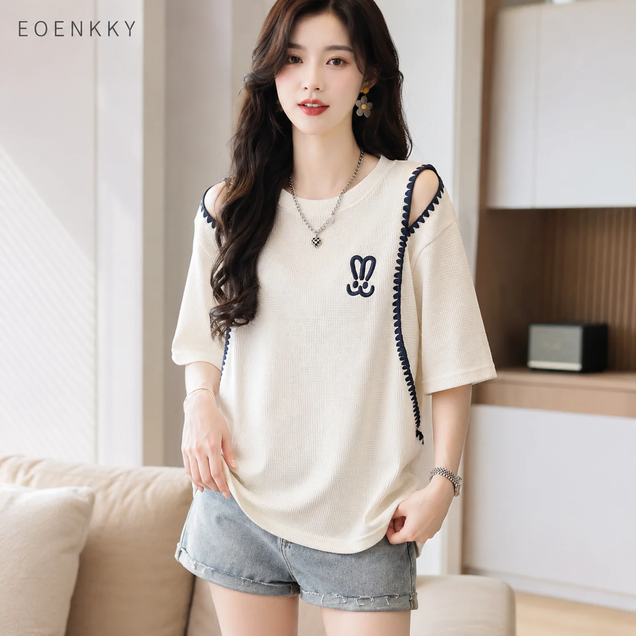 EOENKKY Women Waffle Knit T Shirt Summer Short Sleeve Cold Shoulder Loose Fit Bunny Embroidery Casual Korean Tee M-XXL