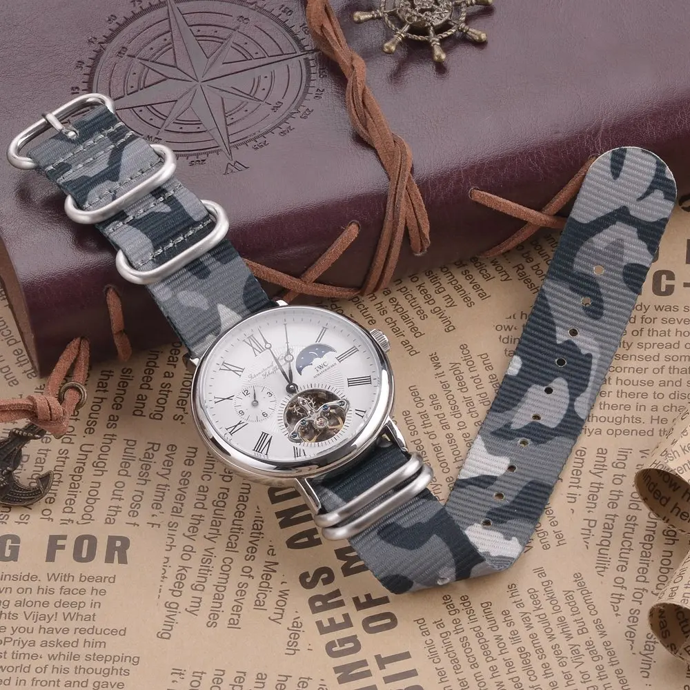 EACHE Camouflage Nylon Watch Straps 18mm 20mm 22mm 24mm Watch Band With Stainless Steel Silver Color Black Buckles