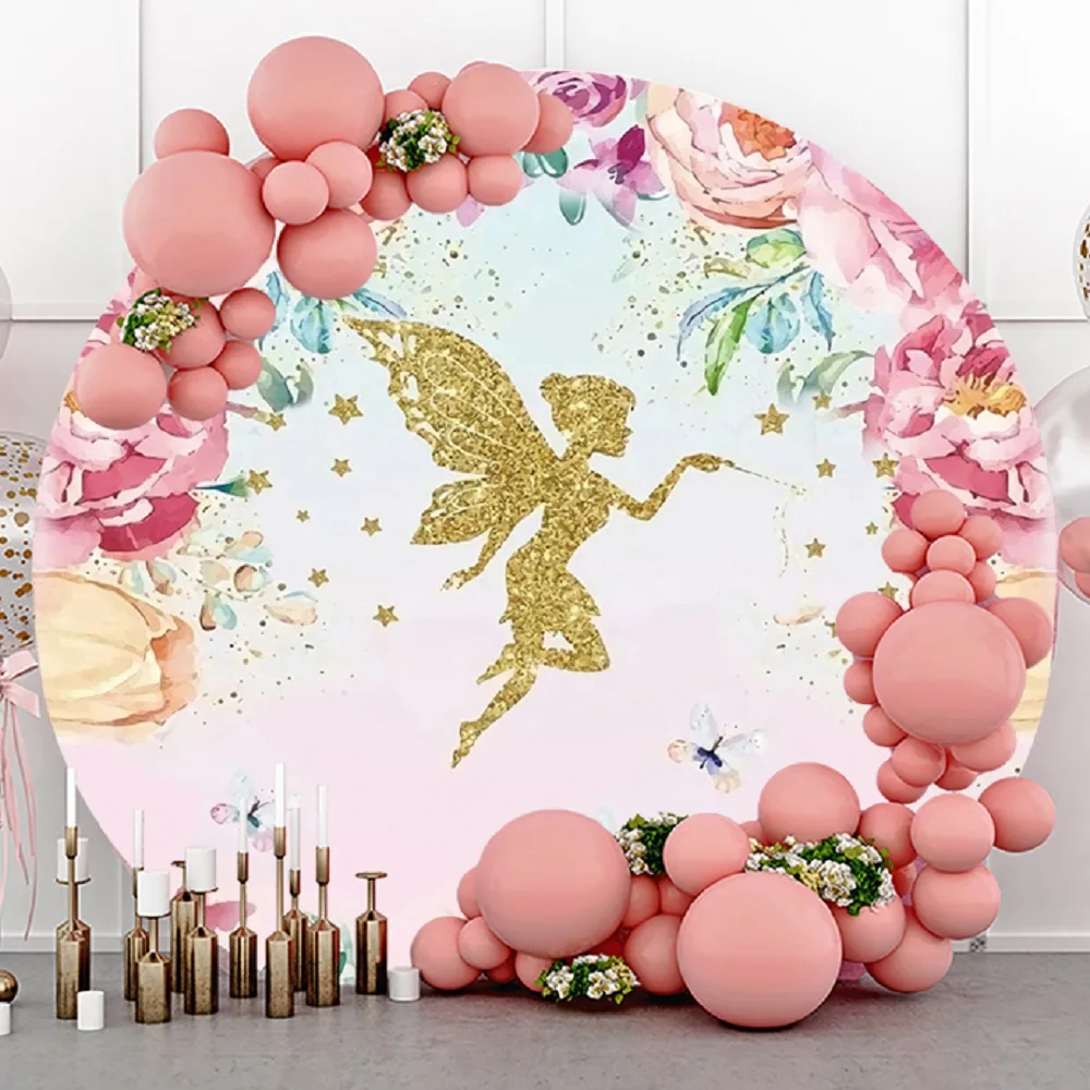 Enchanted Fairy Backdrop Round Oh Baby Birthday Decoration Girls Butterfly Flowers Garden Gold Glitter Elastic Circle Background