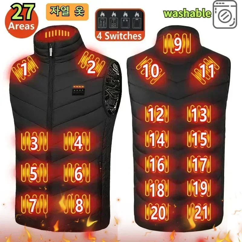 Chaleco calefactor de 27 zonas para hombre, chaqueta sin mangas eléctrica inteligente con USB, ropa autocalentable, Abrigo acolchado cálido para nieve para mujer