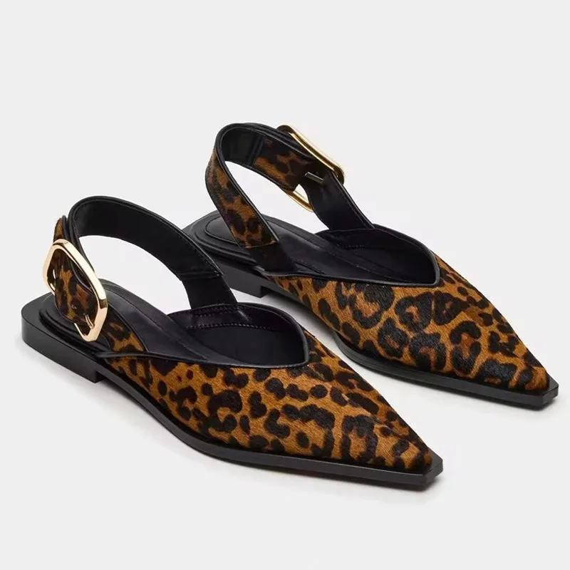 

Европейские и американские кожаные сандалии во французском стиле с пряжкой и открытой пяткой для женщин, сексуальные универсальные туфли с леопардовым принтом для банкетов