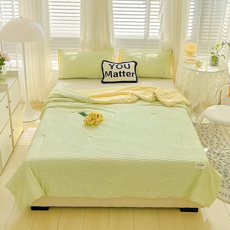 1/4PCS Korean Bubble Wash Cotton Color Block Bed Sheet Summer Quilt,Double Sides Cooling Blanket for Bed,Air Condition Comforter