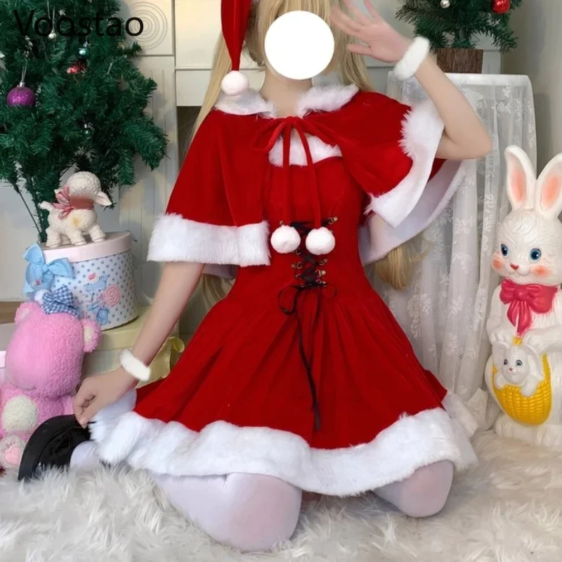 Autumn Winter Cute Christmas Red Shawl Dress Women Sweet Plush Patchwork  Drawstring Party Mini Dress Female Kawaii Cloak Vestido