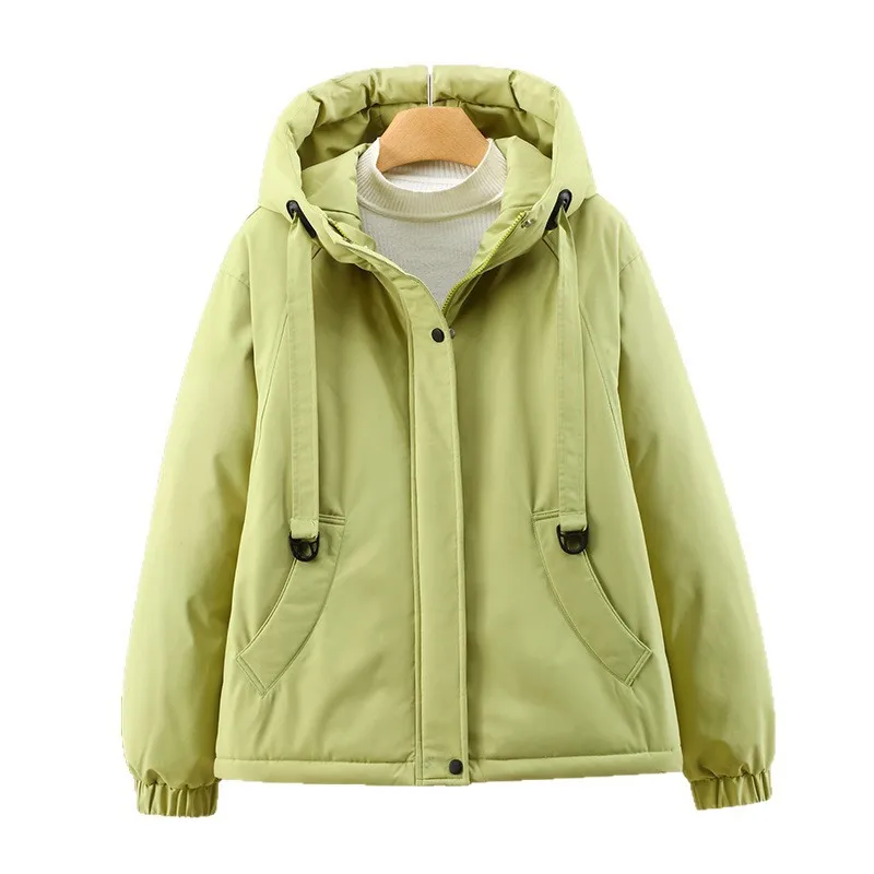 Women Short Parkas Coats Hooded Overcoat Solid Drawstring Zipper Long Sleeve Looose Fit Thick Casual Office Lady 2025 Winter