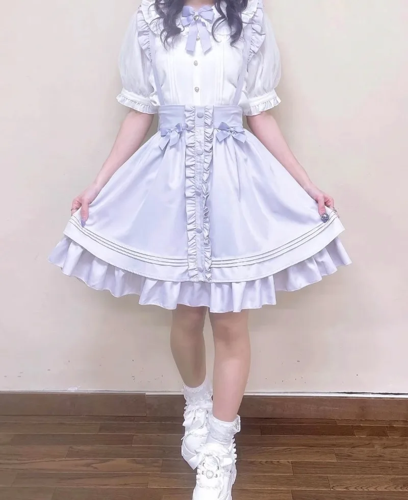 Japanese Lolita Sweet And Cute Style Bow Ruffle Edge Strap Skirt Bow Top Single-breasted Short Sleeves Shirt Women's Clothing