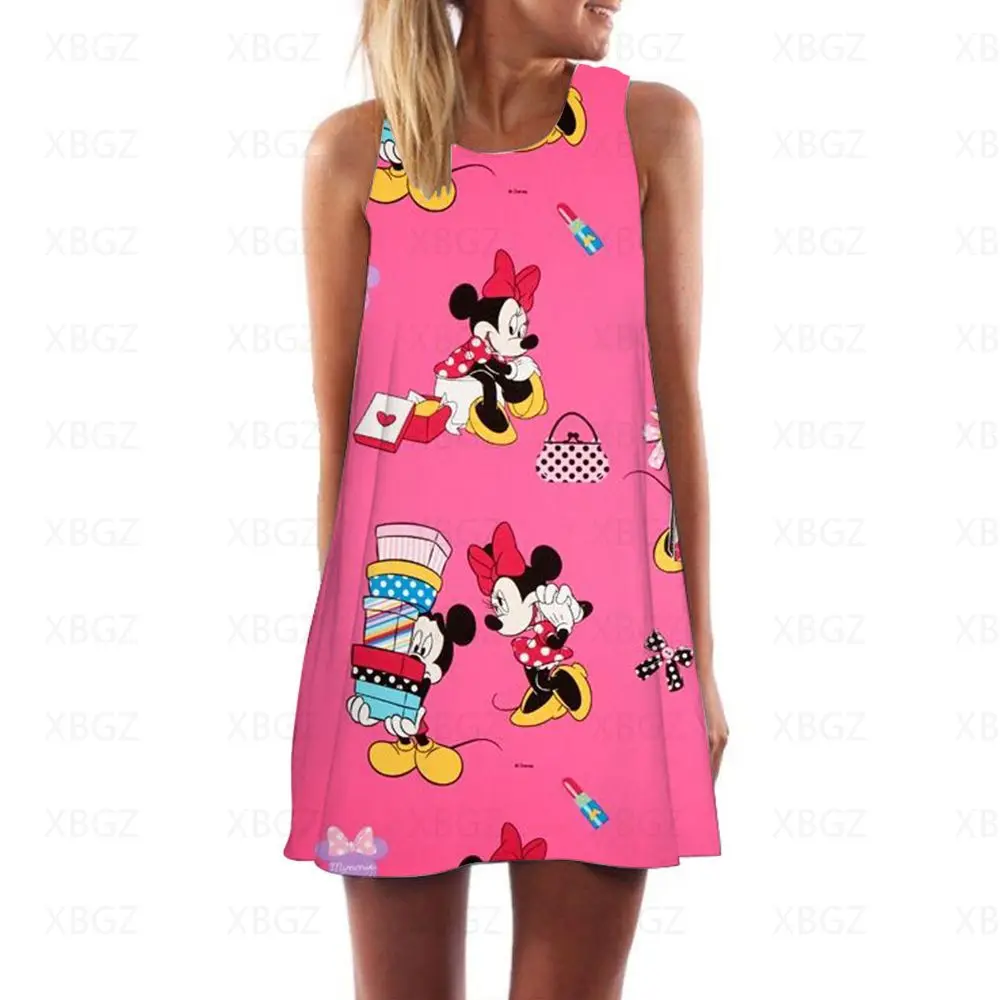 

Fashion Minnie Mouse Women's Dress Mickey Dresses 2022 Sexy Summer Woman Cartoon Mini Cool Beach Sleeveless Boho Print Disney