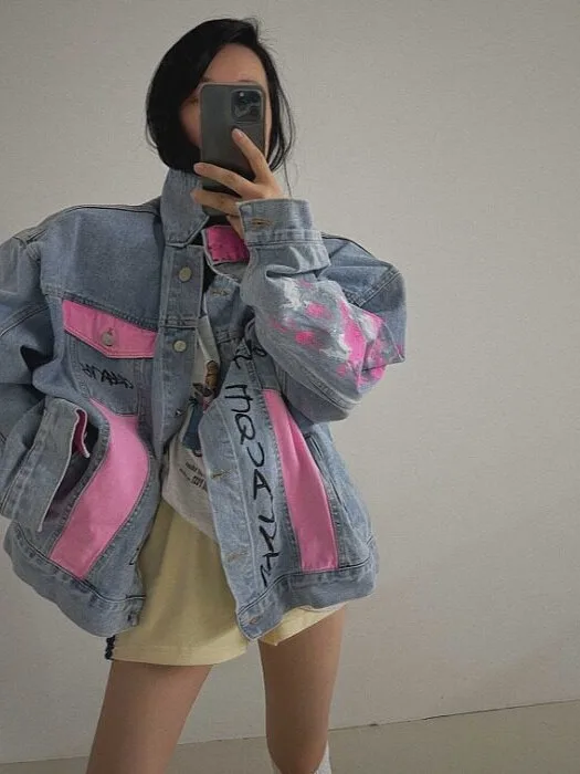 Chic Autumn Winter Denim Jacket Women's Long Sleeve Collar Print Design Versatile Korean Style Casual Streetwear Outerwear