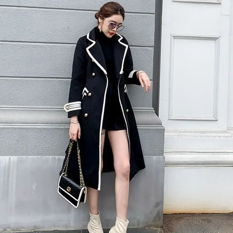 

White over-knee woolen coat women's medium and long autumn and winter British Hepburn style thickened slim-fitting black