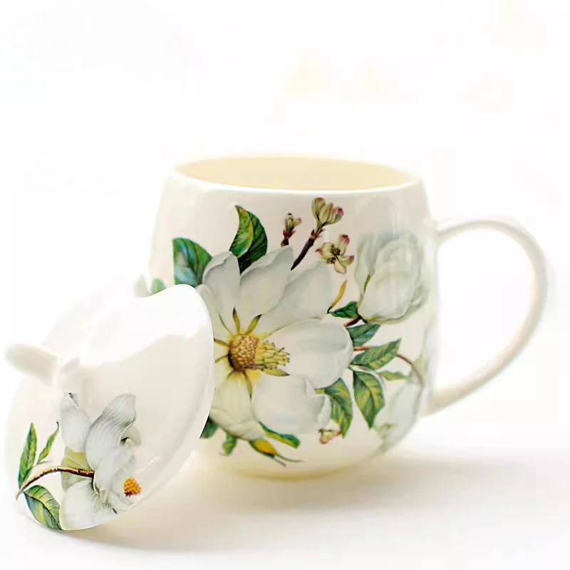 Chinese Style Ceramic Cute Mug, Home Personal Office Goods, Creative With lid, Floral Pattern, Milk Water Coffee Cup, 400ml, 1Pc