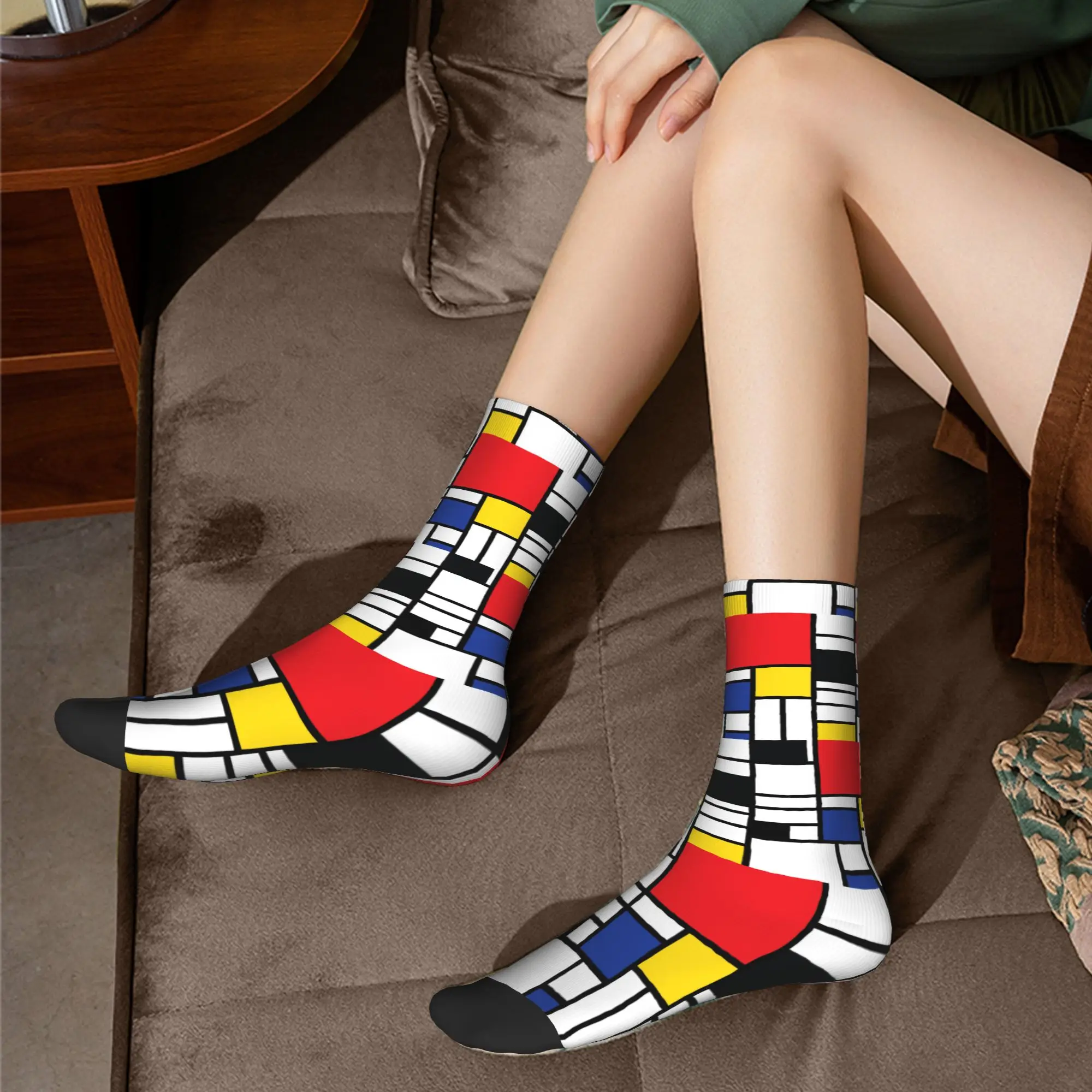 ถุงเท้าแฟชั่นผู้ชายลาย Mondrian De Stijl แบบยูนิเซ็กซ์ อุ่นสบาย ระบายอากาศได้ดี พิมพ์ลาย 3 มิติ ศิลปะนามธรรม สีสันสดใส
