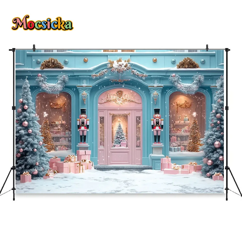 Christmas Gift Shop Photography Background for Girl Photo Nutcracker Soldier Backdrop Winter Blue Shop Front Snowflake Backdrop