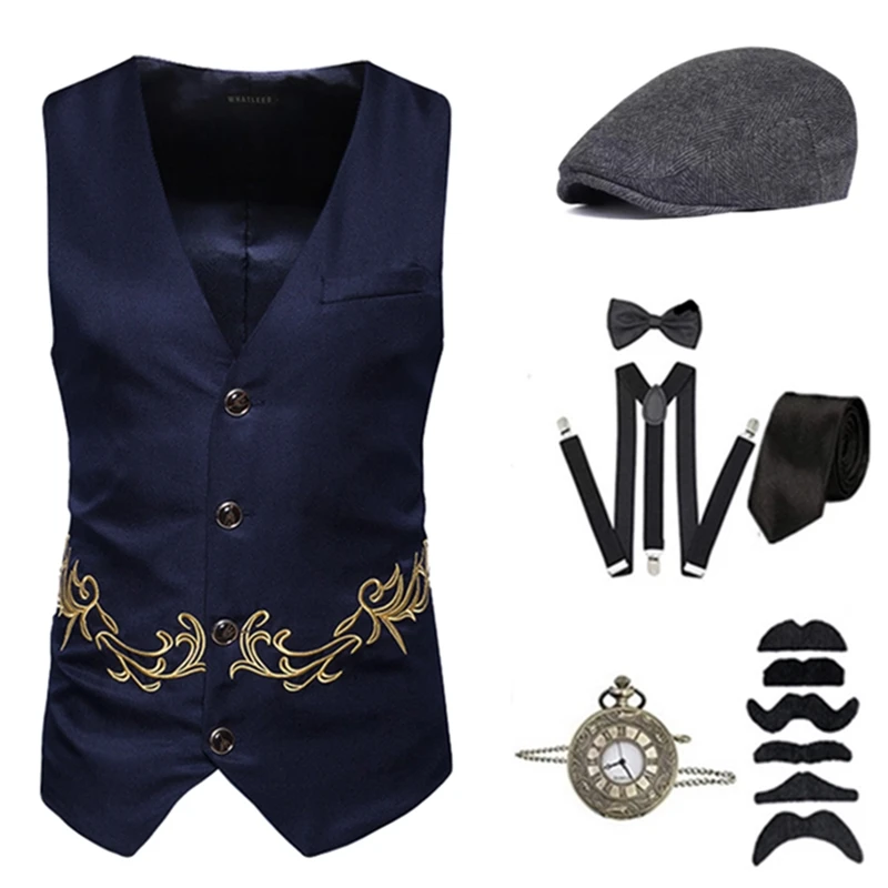 1920s Mens Gatsby Gangster Vest Costume Accessories Set Fedora Hat for Men Retro Costumes Anime Accessories Vintage Vest