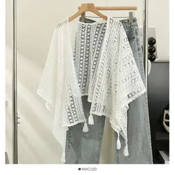 Holiday Travel Wear Tunic Robe Hollow Out Fringe Tassel Shawl Women Vintage Out Asymmetric Loose Capes Graceful Fringes Tops