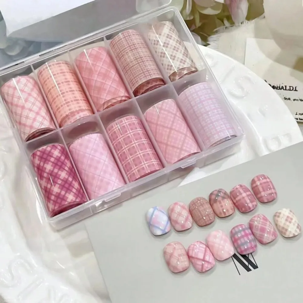 10 Uds. De papel de transferencia de lámina para decoración de uñas, pegatinas de estampado de uñas con patrón de rejilla rosa, calcomanías de manicura estilo vaquero dulce para uñas DIY